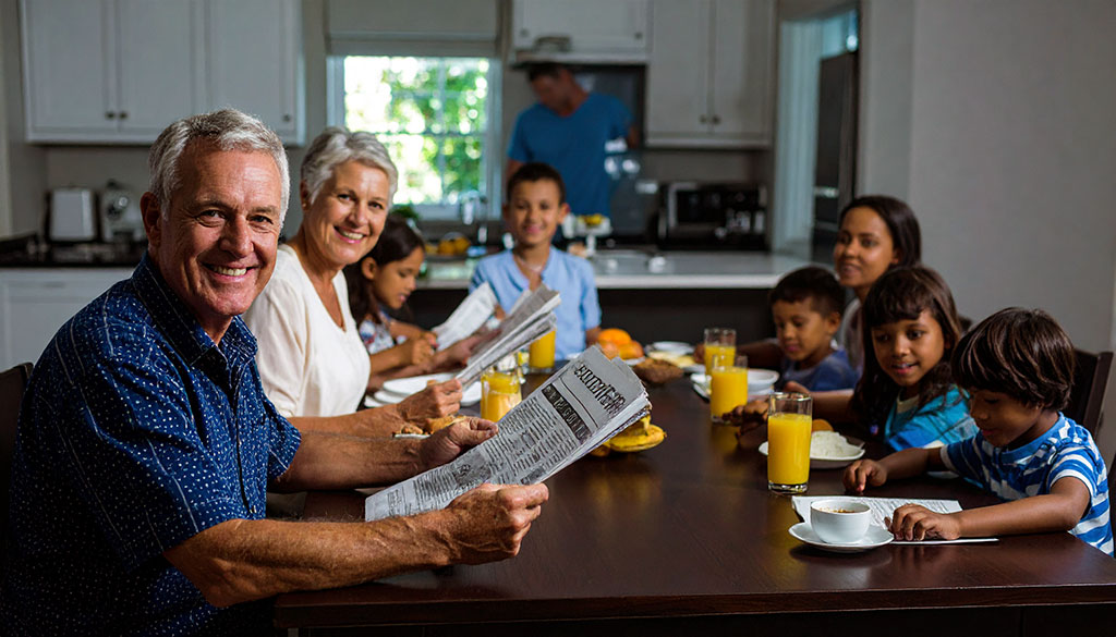 family reading newspapers